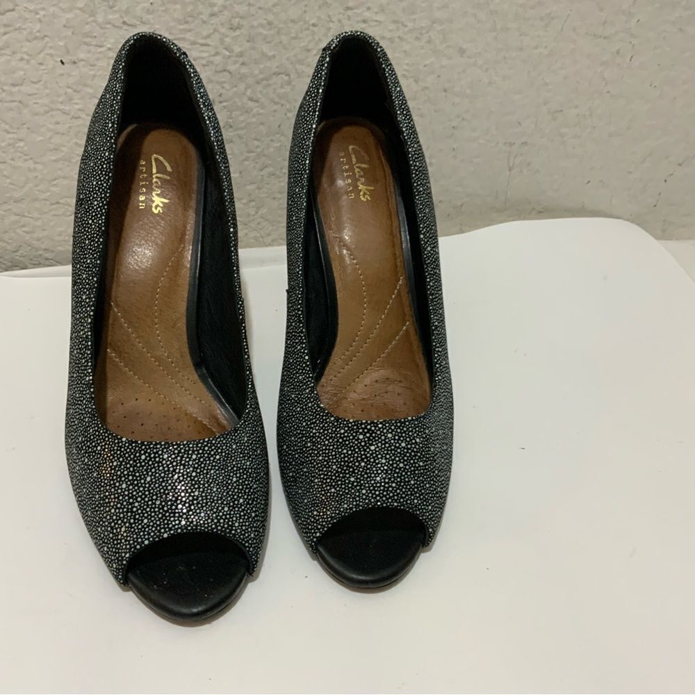 Clarks Black Patterned Peep Toe Heels